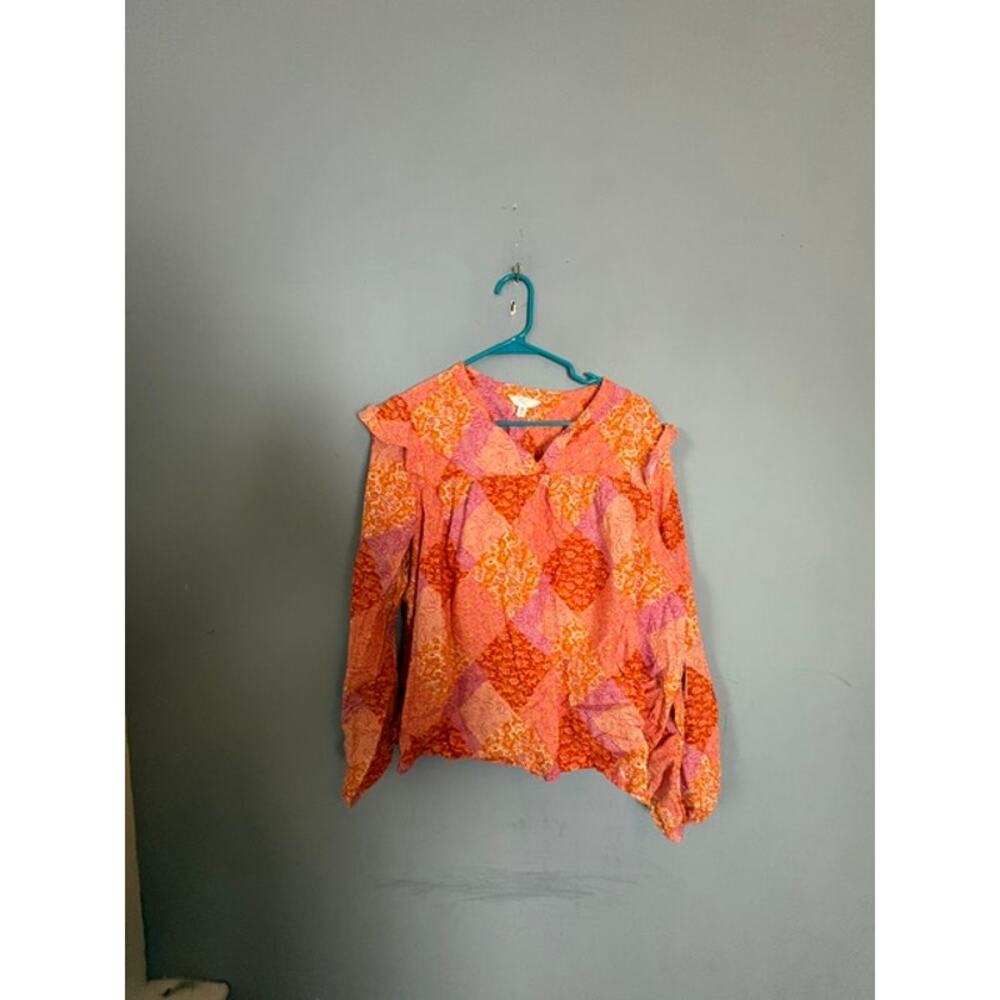 Time and Tru Womens Orange Pink Boho Floral Peasant Blouse Size 2XL - Picture 7 of 9